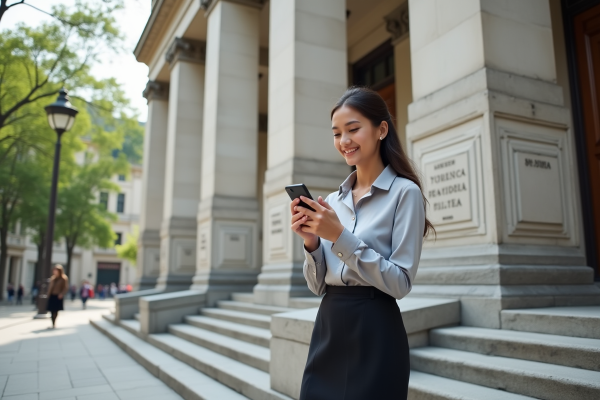 Jeune femme dans une banque utilisant son smartphone