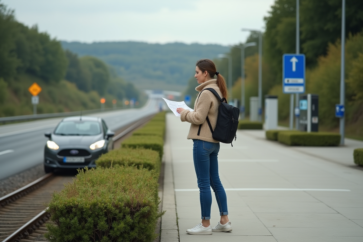 Jeune femme avec carte et voiture sur une aire de repos en France