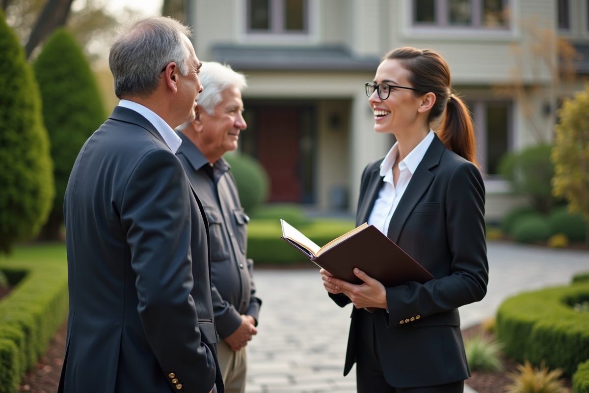Jeune femme discutant avec un couple devant une maison
