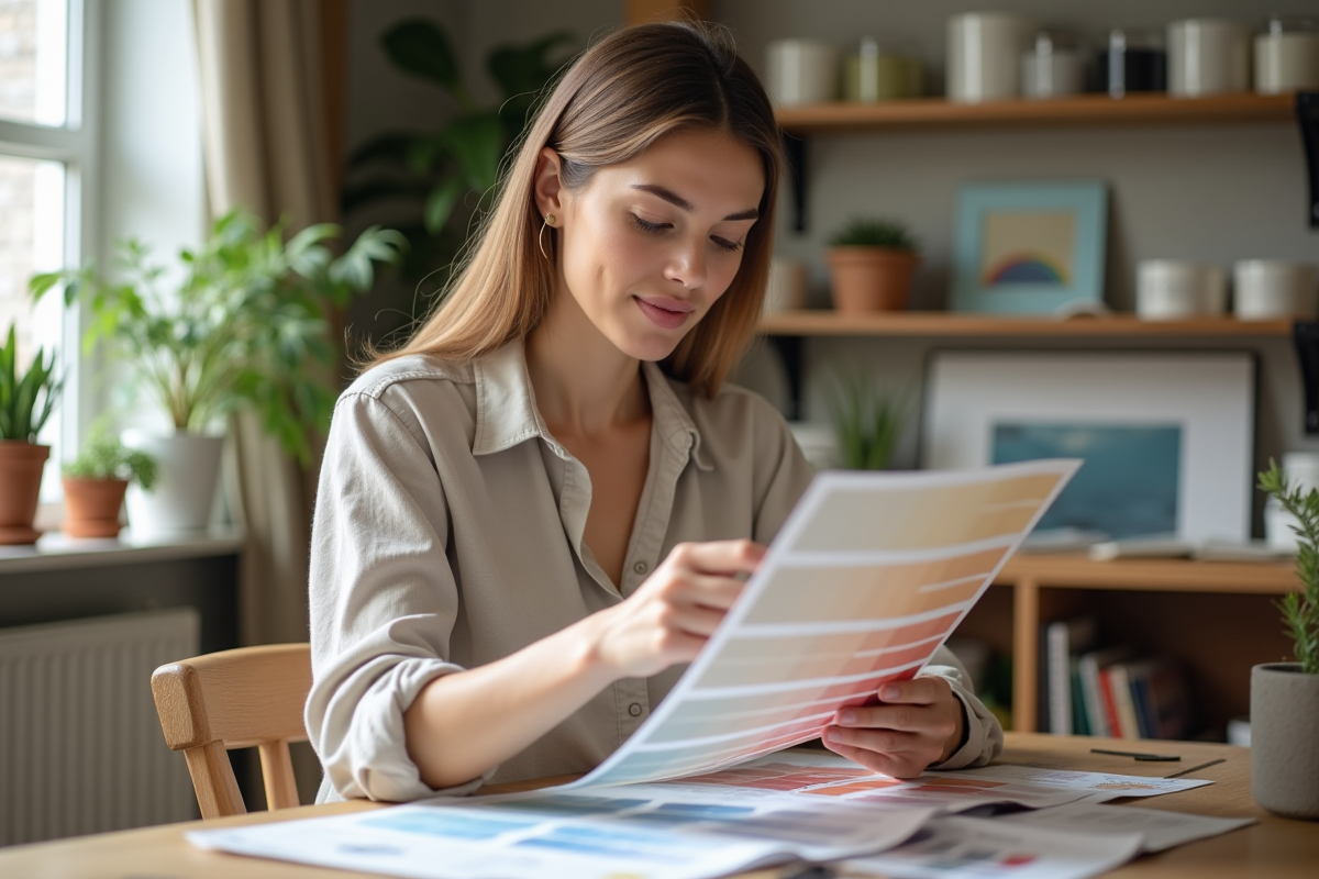 Jeune femme analysant un nuancier de peinture chez elle