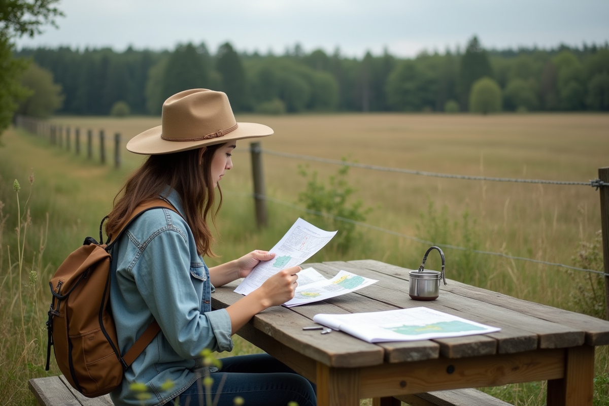 Jeune femme en extérieur examinant des documents dans un champ