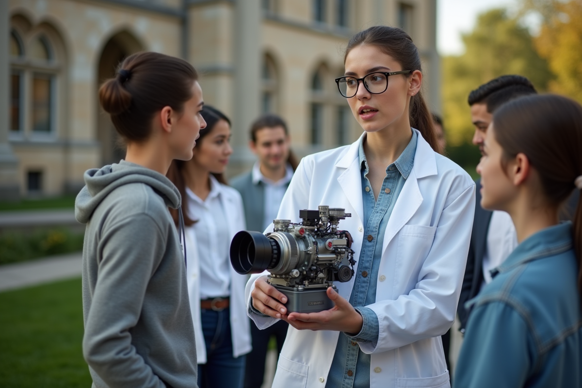 Jeune femme scientifique explique un moteur à hydrogene à des étudiants