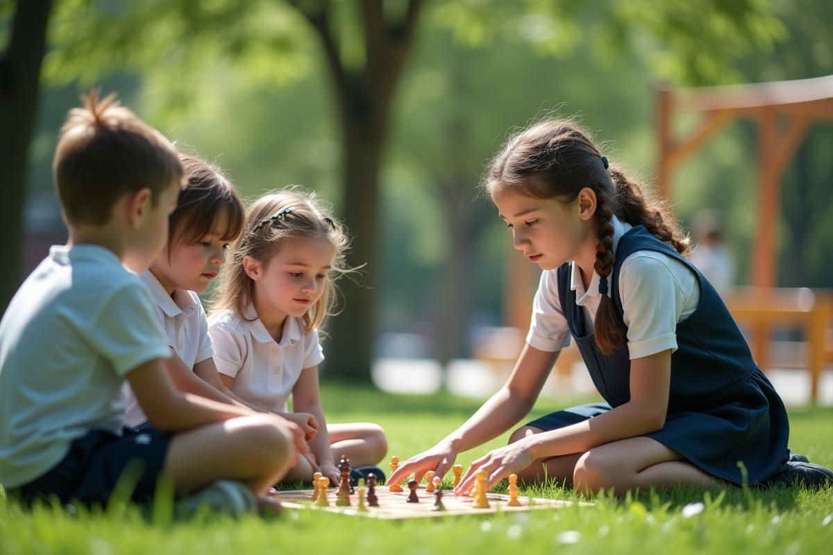 Adolescente guidant des enfants lors d’un jeu éducatif en plein air