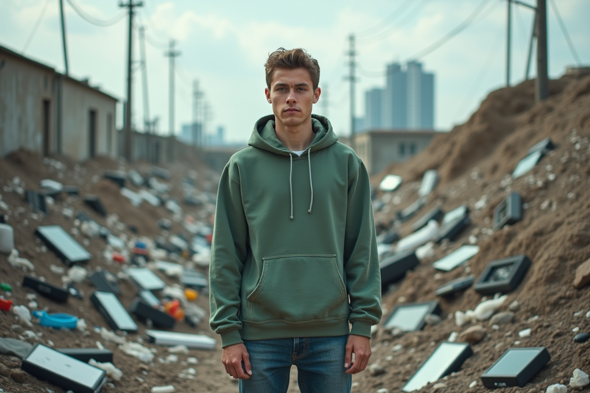 Jeune homme devant une décharge urbaine de déchets