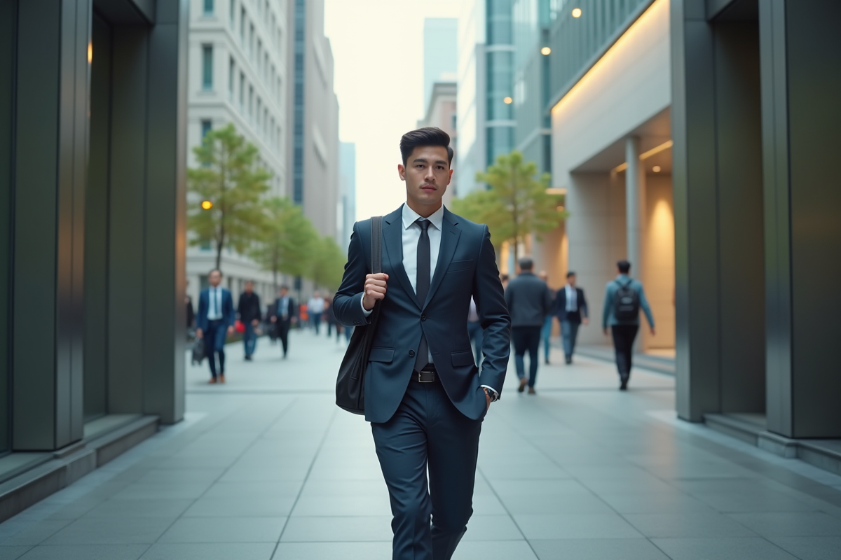 Jeune homme entrant dans un bâtiment moderne