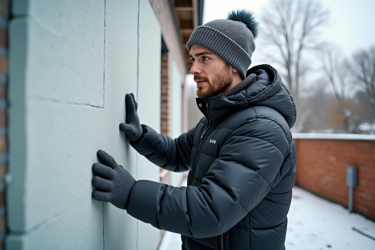Jeune homme posant des panneaux d’isolation sur la façade extérieure