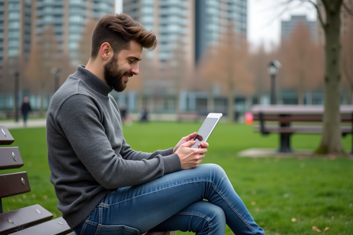 Jeune homme utilisant une tablette dans un parc urbain