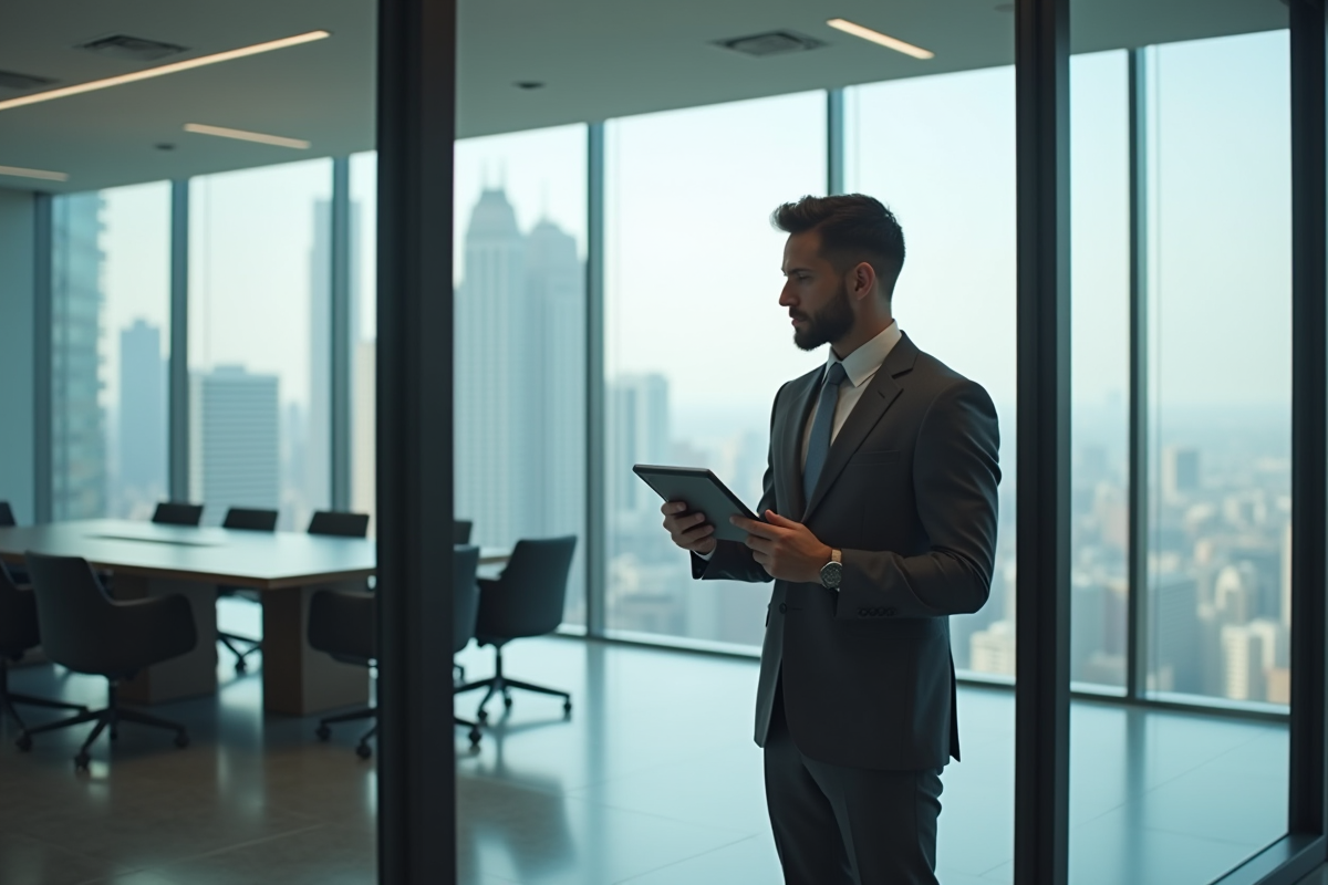 Jeune homme en costume expliquant un graphique en réunion