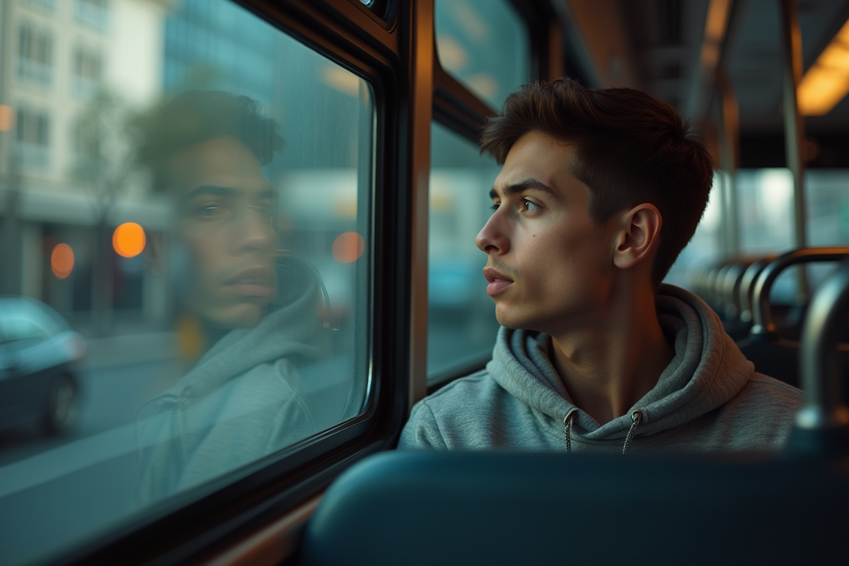 Jeune homme regardant par la fenêtre dans un bus urbain