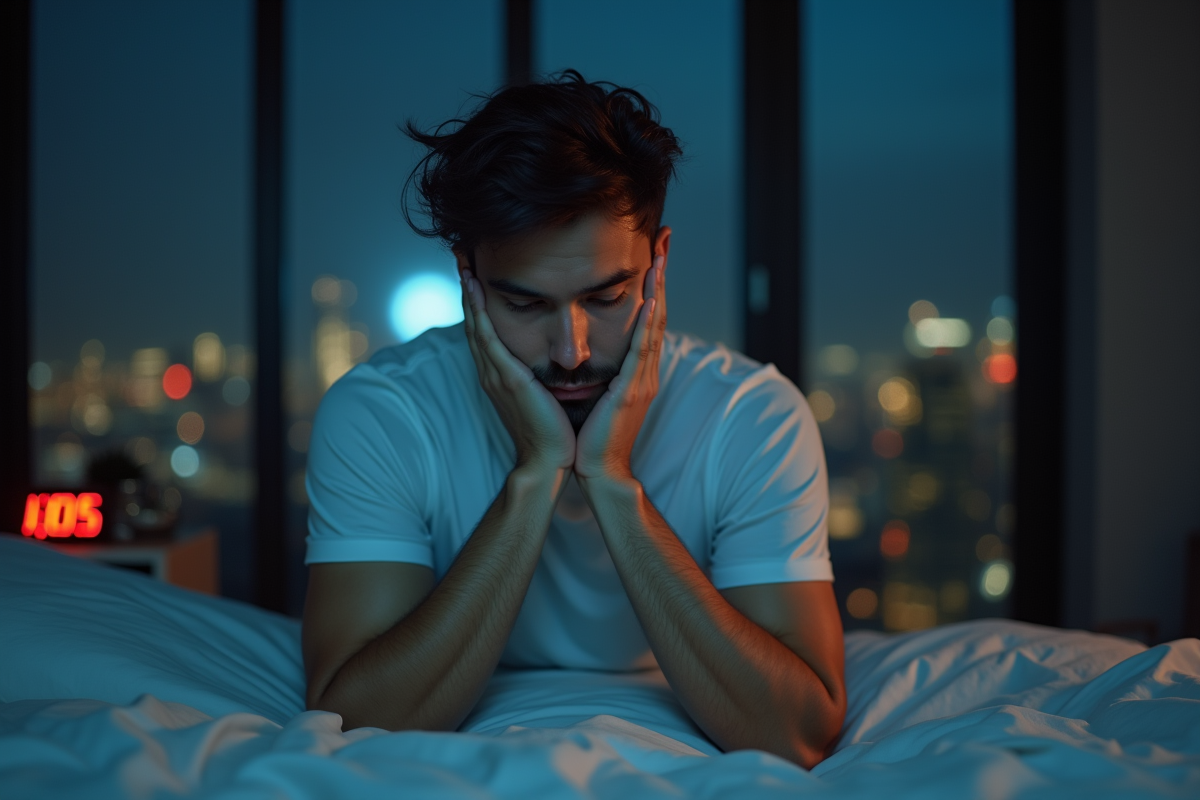 Jeune homme assis au bord du lit la nuit