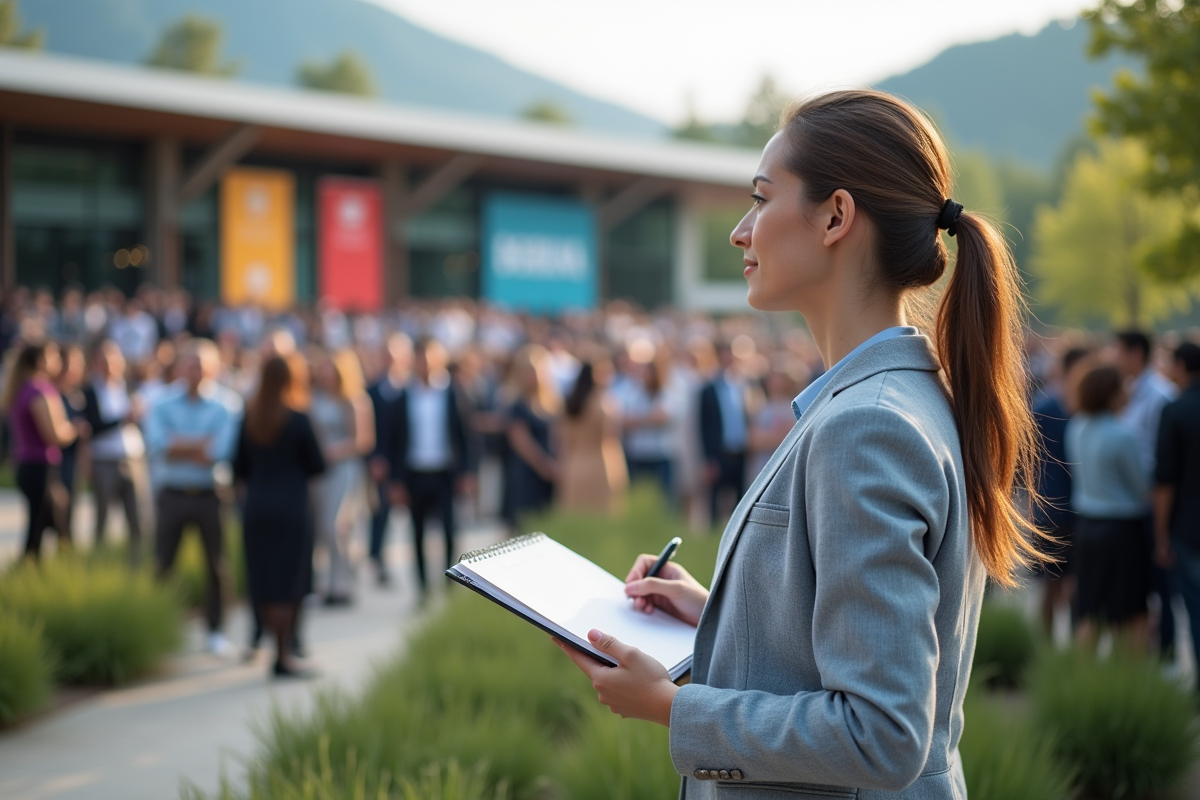 Jeune journaliste observant un sommet en plein air