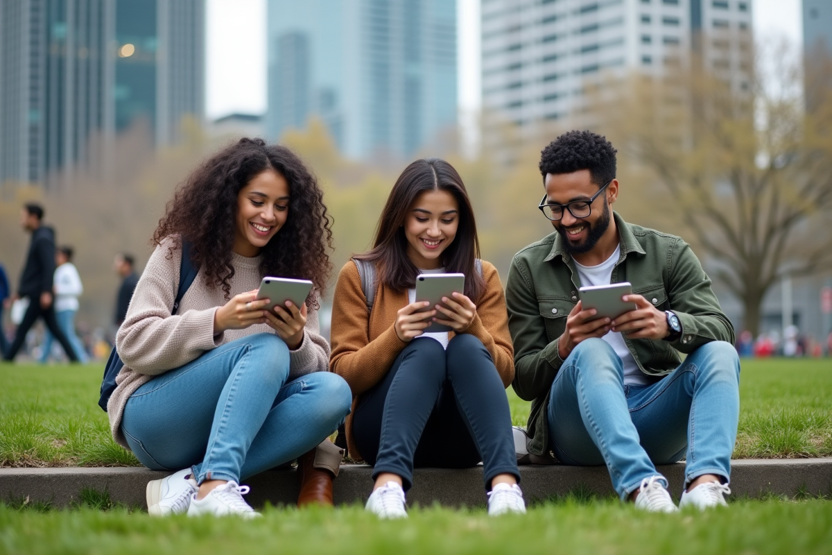Groupe de jeunes adultes utilisant des tablettes dans un parc urbain