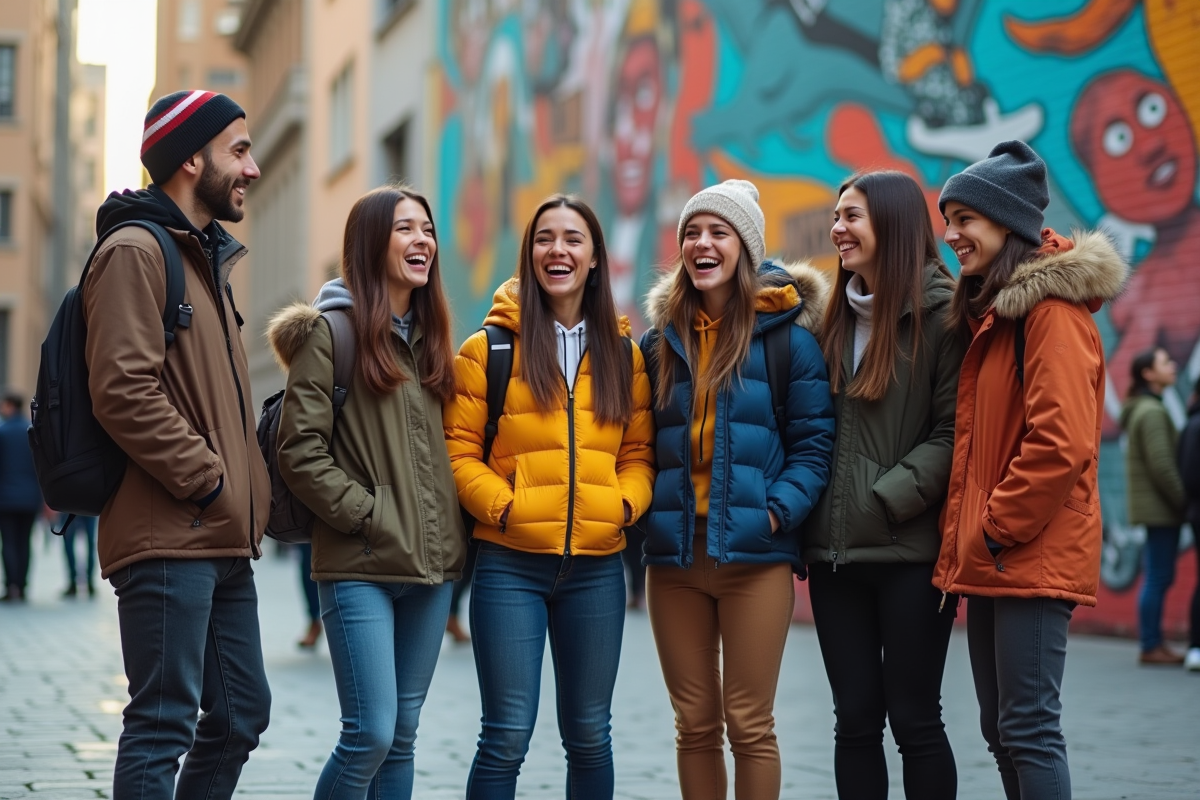 Groupe de jeunes devant un mur urbain coloré et symbolique
