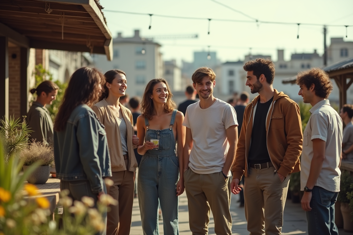 Groupe diversifié au marché urbain vêtements recyclés