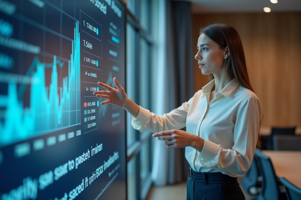 Jeune femme en réunion expliquant des graphiques financiers