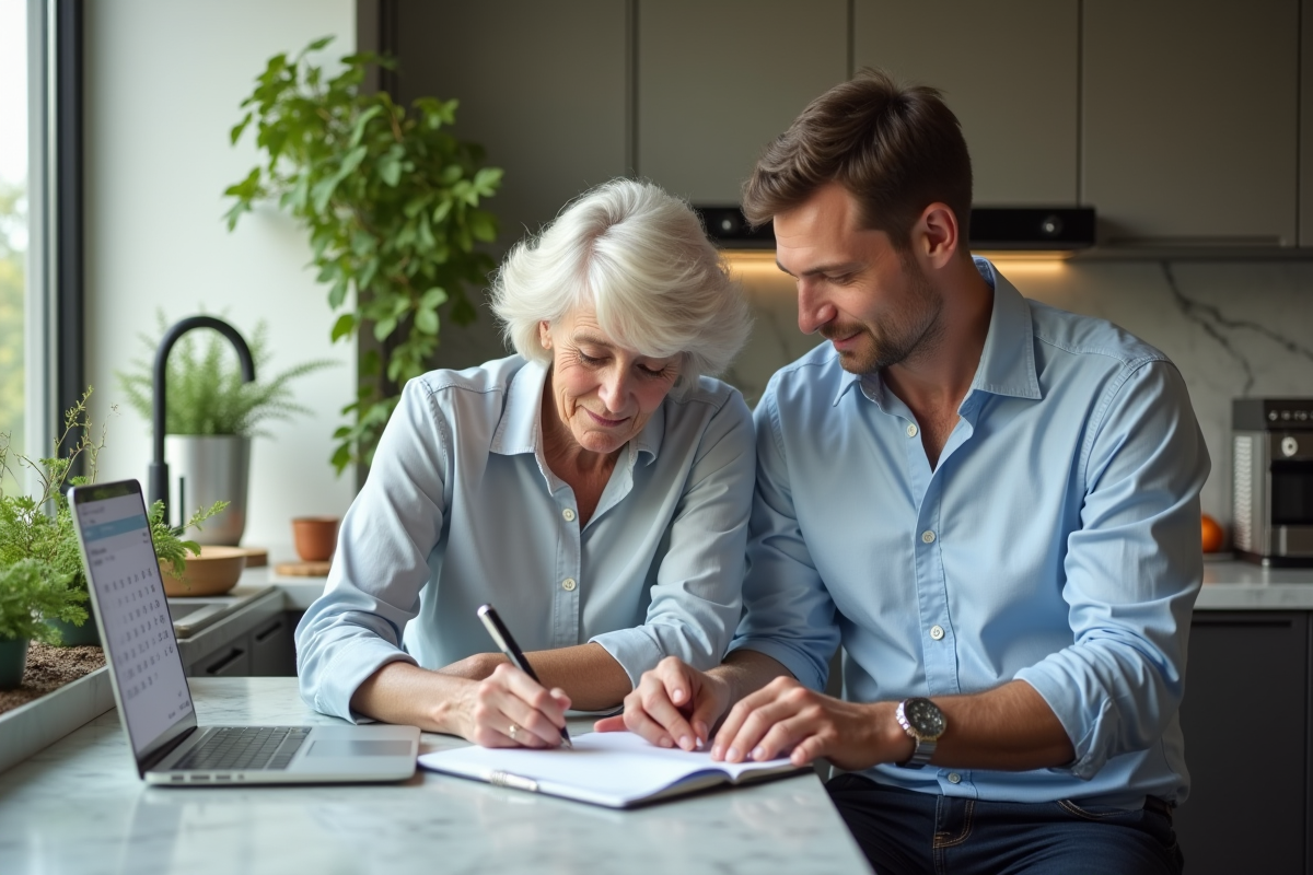 Femme et homme planifiant un événement dans la cuisine moderne