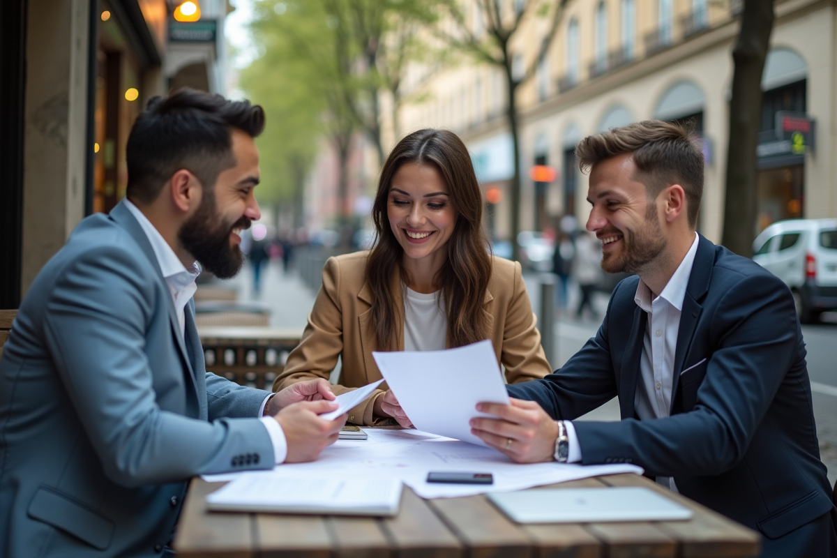 Trois professionnels discutant autour d une table de cafe en plein air