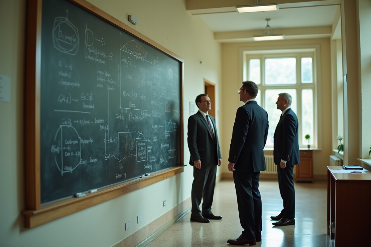 Trois scientifiques discutant devant un tableau