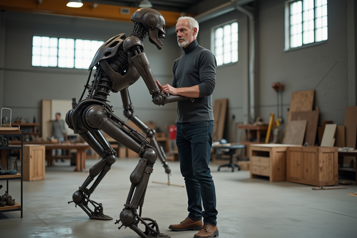 Sculpteur en atelier assemblant sculpture en métal recyclé