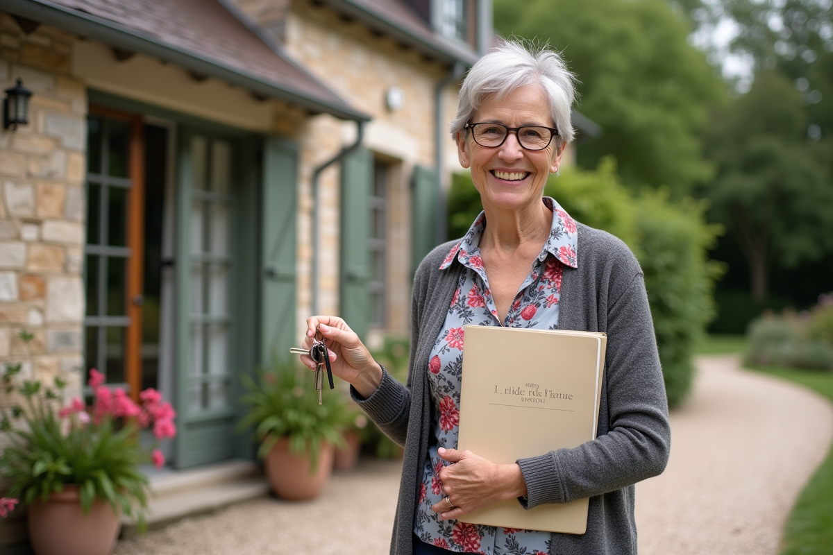 Femme senior tenant des clés devant une maison en pierre